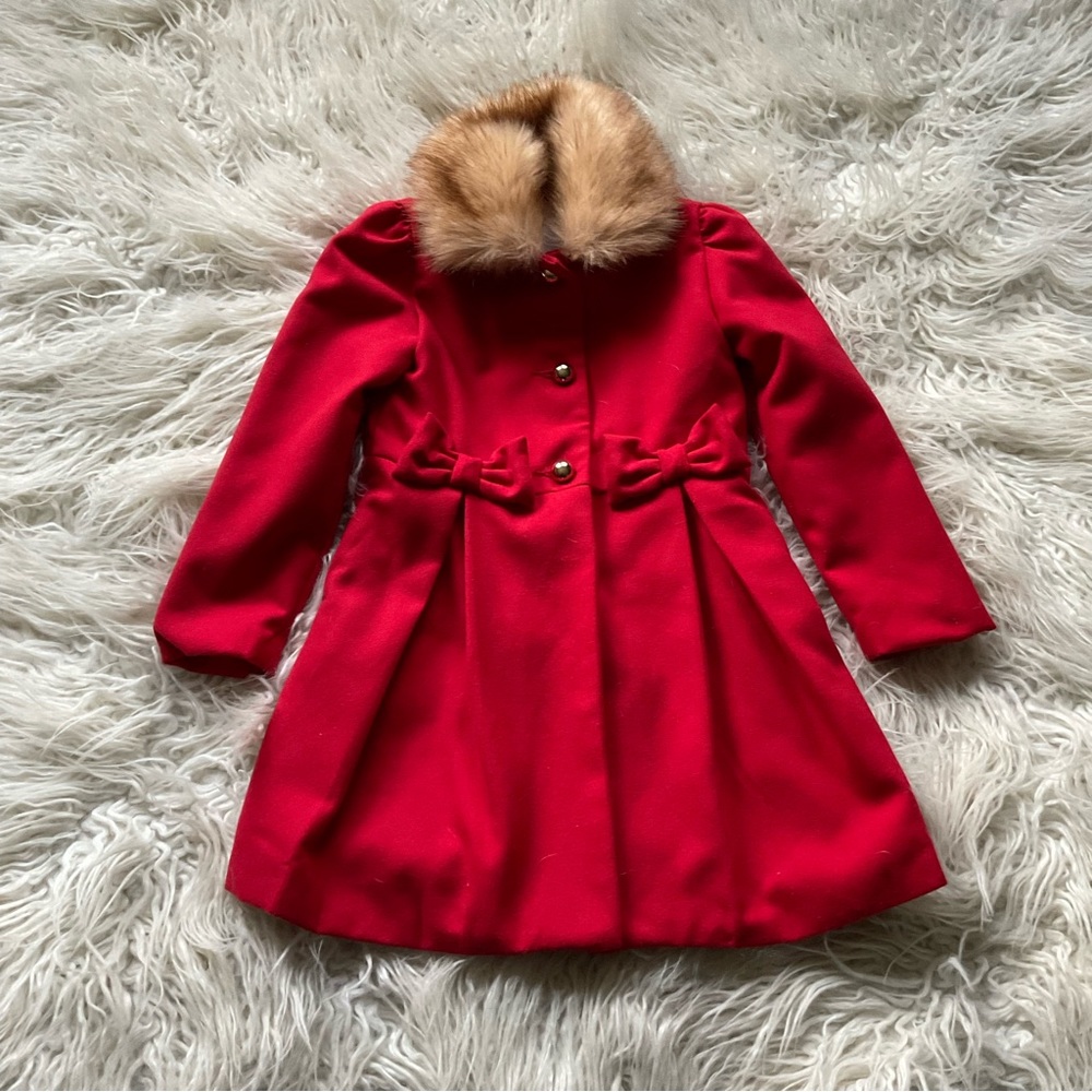 Janie and Jack Red Pea Coat with Faux Fur Collar